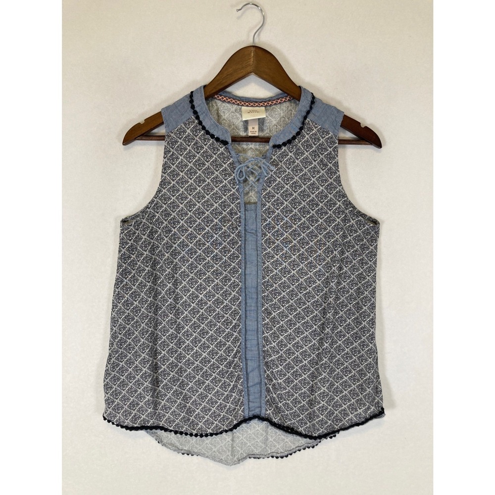 Boho Knox Rose Womens Medium Blue Geometric Sleeveless Pom Pom Tie‎ Neck Blouse